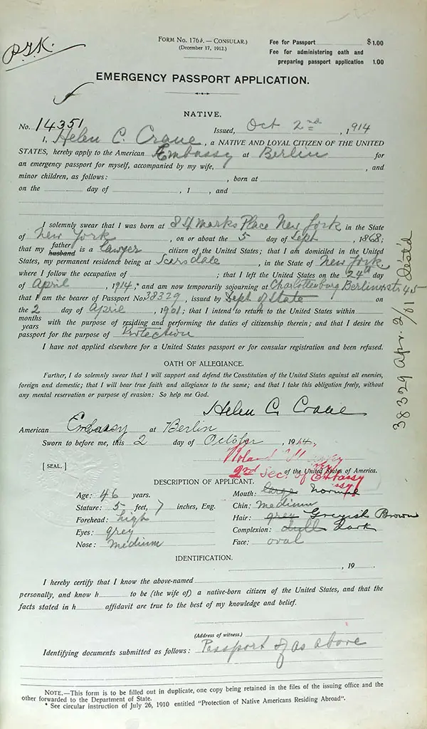 Helen Crane emergency passport auth. shows St. Marks Place as place of birth; helps clear mistaken identity